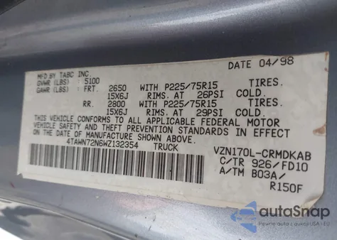 1998 Toyota Tacoma Base V6 z USA, uszkodzony, nr VIN 4TAWN72N6WZ132354